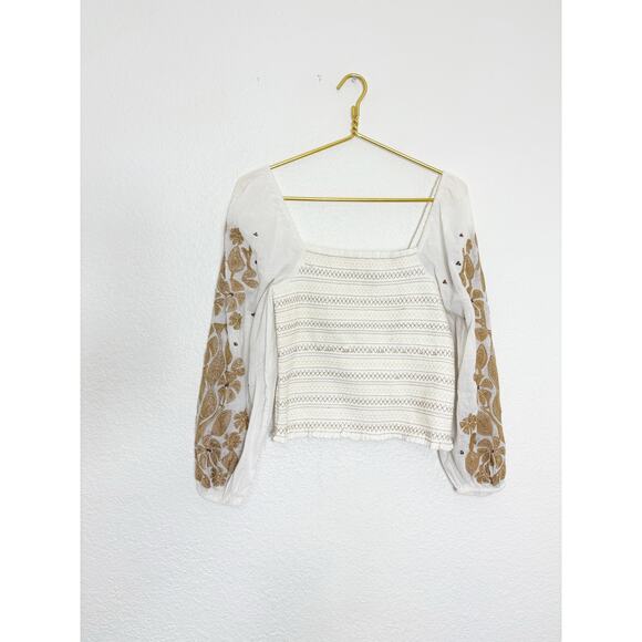 NWT Anthropologie Smocked Embroidered Top Size Small Cream Sequin Boho Chic - Picture 3 of 13